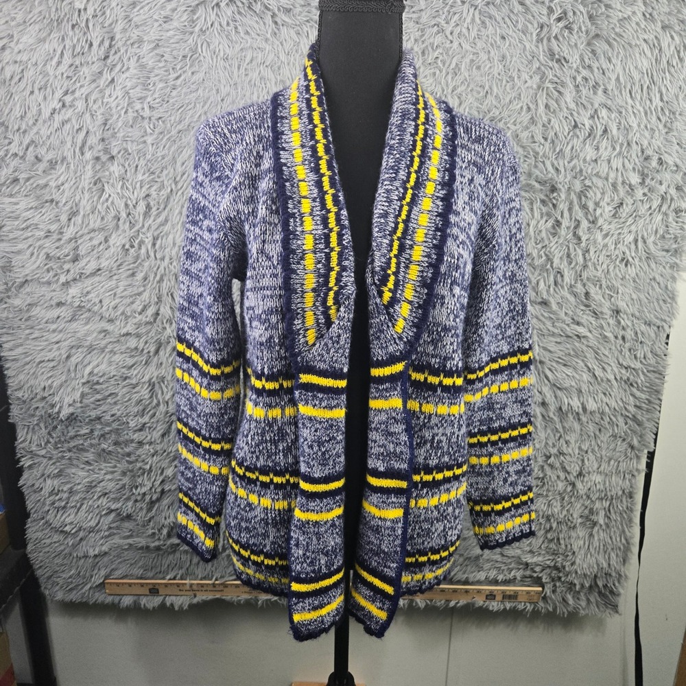 Rob Rich Medium Blue‎ Yellow Striped Marled Knit Shawl Open Cardigan Sweater